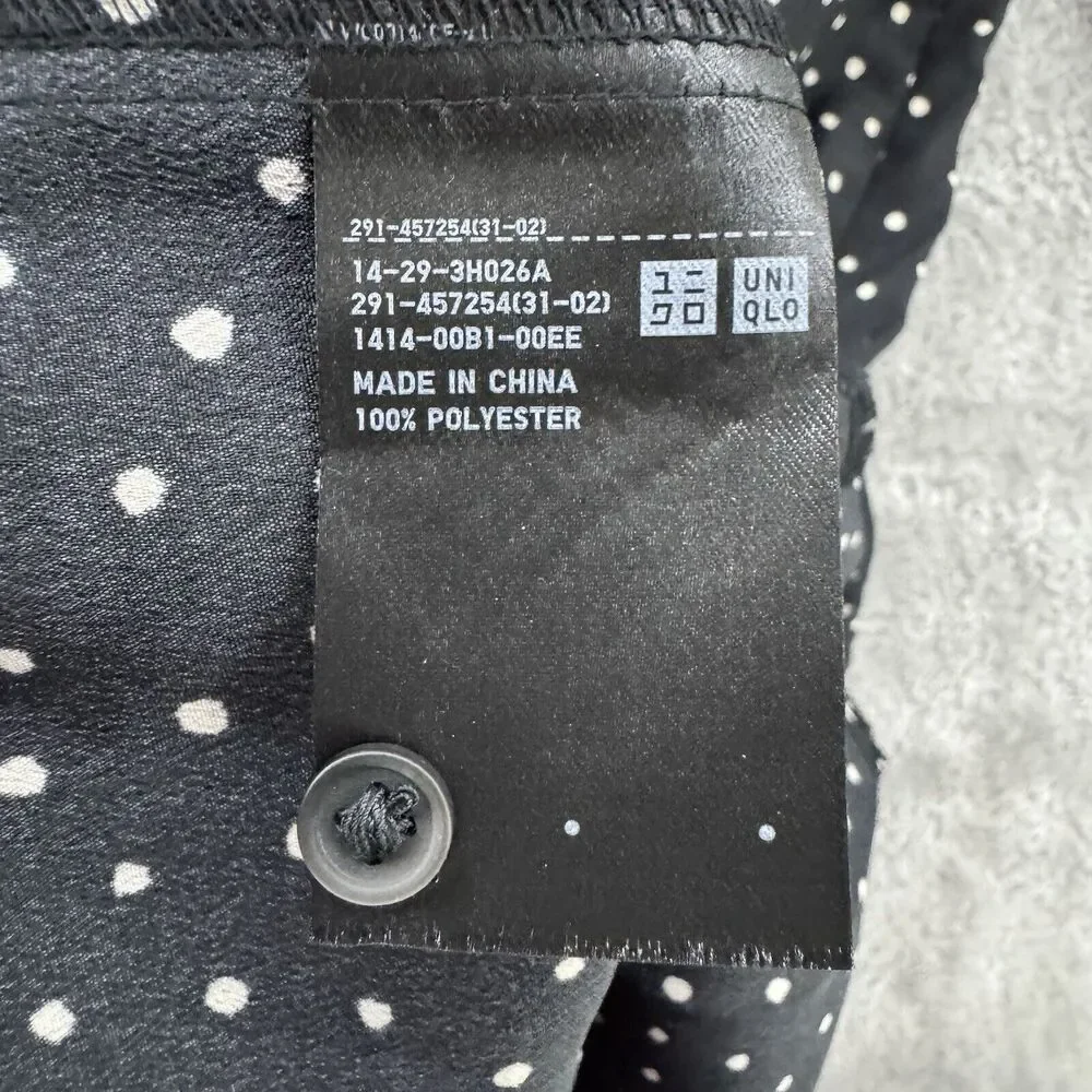 Uniqlo Dress M Black Polka Dots Babydoll V-Neck Ballon Sleeve Knee Length Pocket
